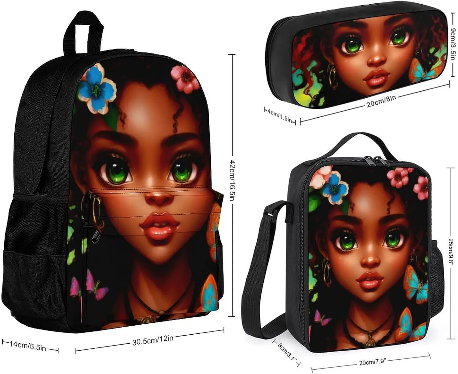 Supdreamc 3 Piece Backpack Big Capacity Carry On Bag for Gym Picnic Walking Cycling - African American Women Black Woman Butterfly Flower Art, Traveling & Camping Backpack