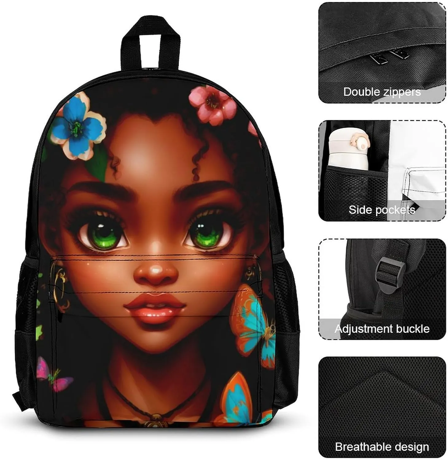 Supdreamc 3 Piece Backpack Big Capacity Carry On Bag for Gym Picnic Walking Cycling - African American Women Black Woman Butterfly Flower Art, Traveling & Camping Backpack