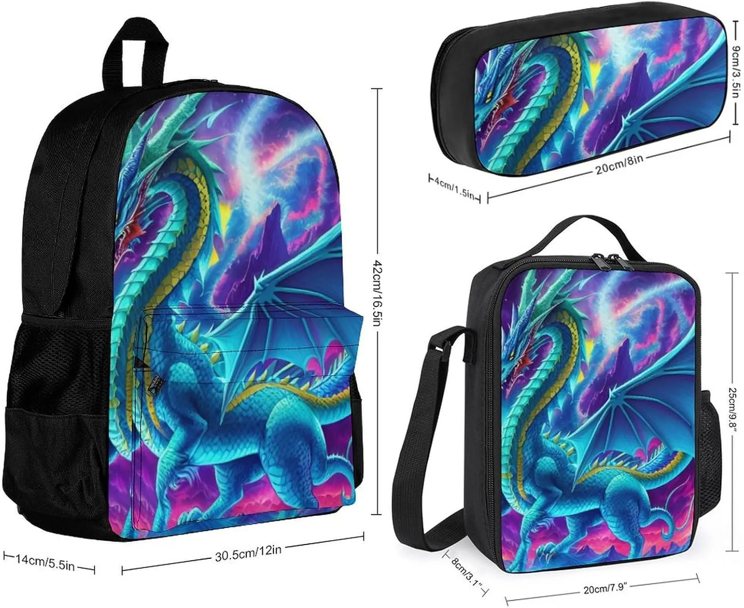 Supdreamc 3 Piece Backpack Big Capacity Shoulder Bag Backpack for Outdoors Walking Cycling - Mystery Dragon Trippy Art, Adult