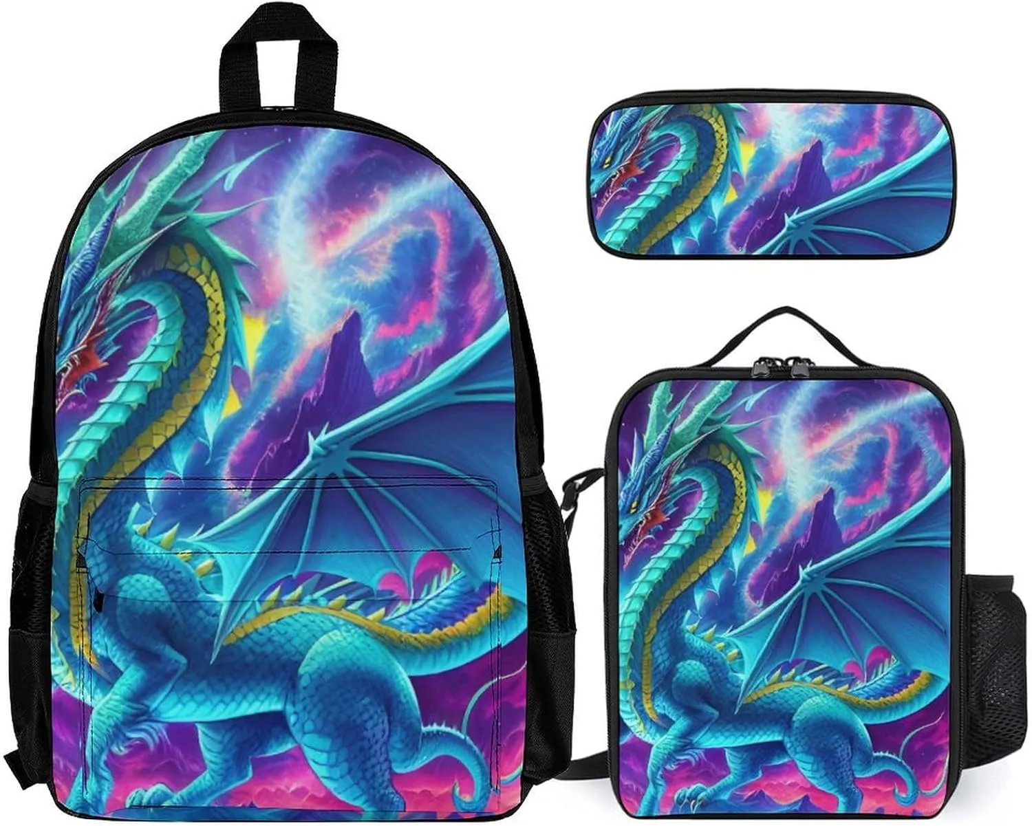 Supdreamc 3 Piece Backpack Big Capacity Shoulder Bag Backpack for Outdoors Walking Cycling - Mystery Dragon Trippy Art, Adult