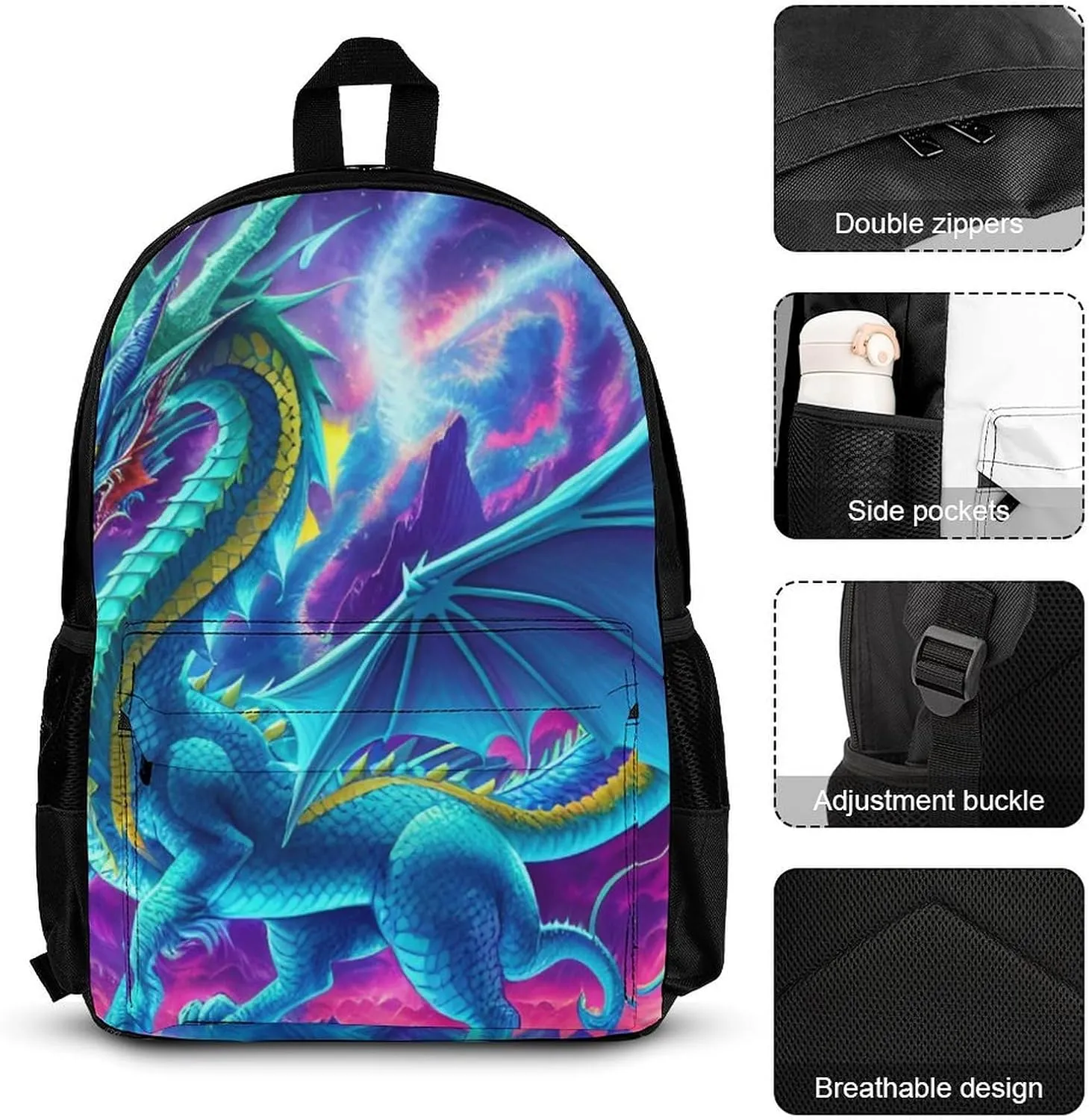 Supdreamc 3 Piece Backpack Big Capacity Shoulder Bag Backpack for Outdoors Walking Cycling - Mystery Dragon Trippy Art, Adult