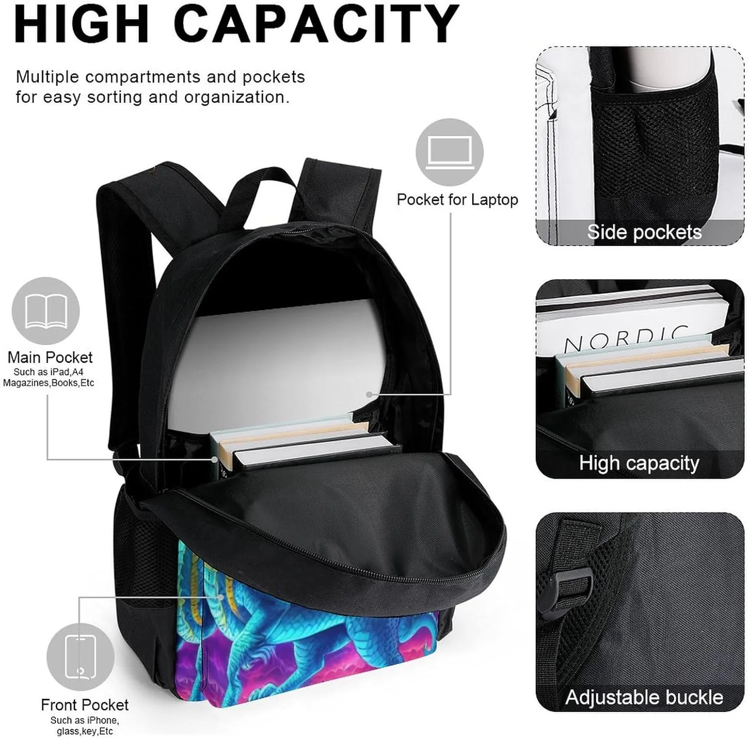 Supdreamc 3 Piece Backpack Big Capacity Shoulder Bag Backpack for Outdoors Walking Cycling - Mystery Dragon Trippy Art, Adult