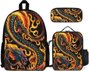 Supdreamc 3 Piece College Daypack, Large Capacity Daypack for Gym Travel Running, Burning Flaming Fire Chinese Dragon Art Travel Hiking Backpack for Adults