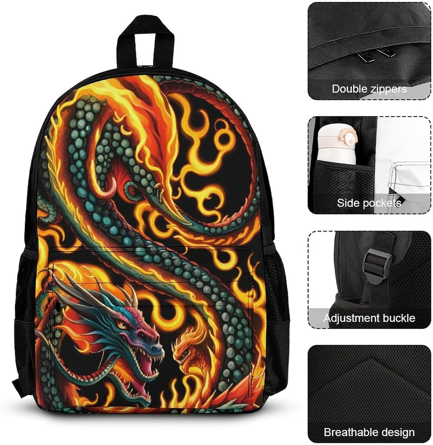 Supdreamc 3 Piece College Daypack, Large Capacity Daypack for Gym Travel Running, Burning Flaming Fire Chinese Dragon Art Travel Hiking Backpack for Adults