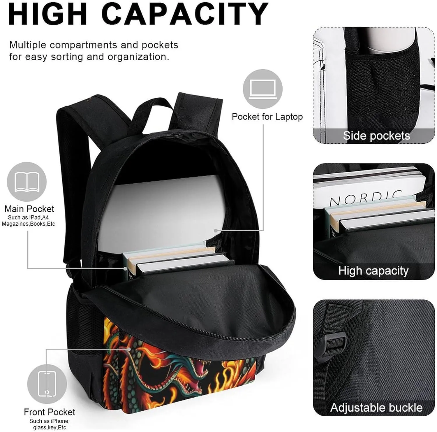 Supdreamc 3 Piece College Daypack, Large Capacity Daypack for Gym Travel Running, Burning Flaming Fire Chinese Dragon Art Travel Hiking Backpack for Adults