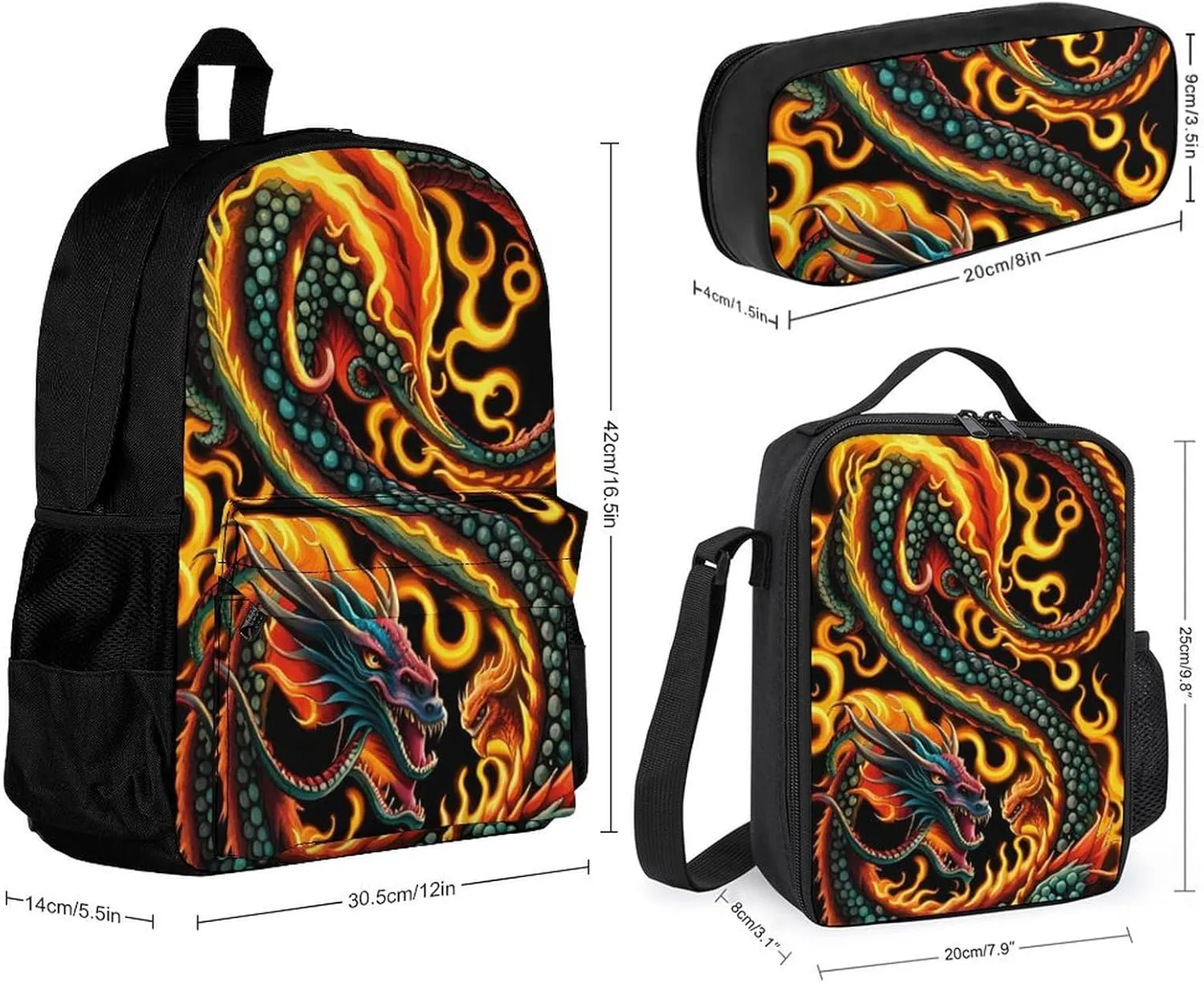 Supdreamc 3 Piece College Daypack, Large Capacity Daypack for Gym Travel Running, Burning Flaming Fire Chinese Dragon Art Travel Hiking Backpack for Adults