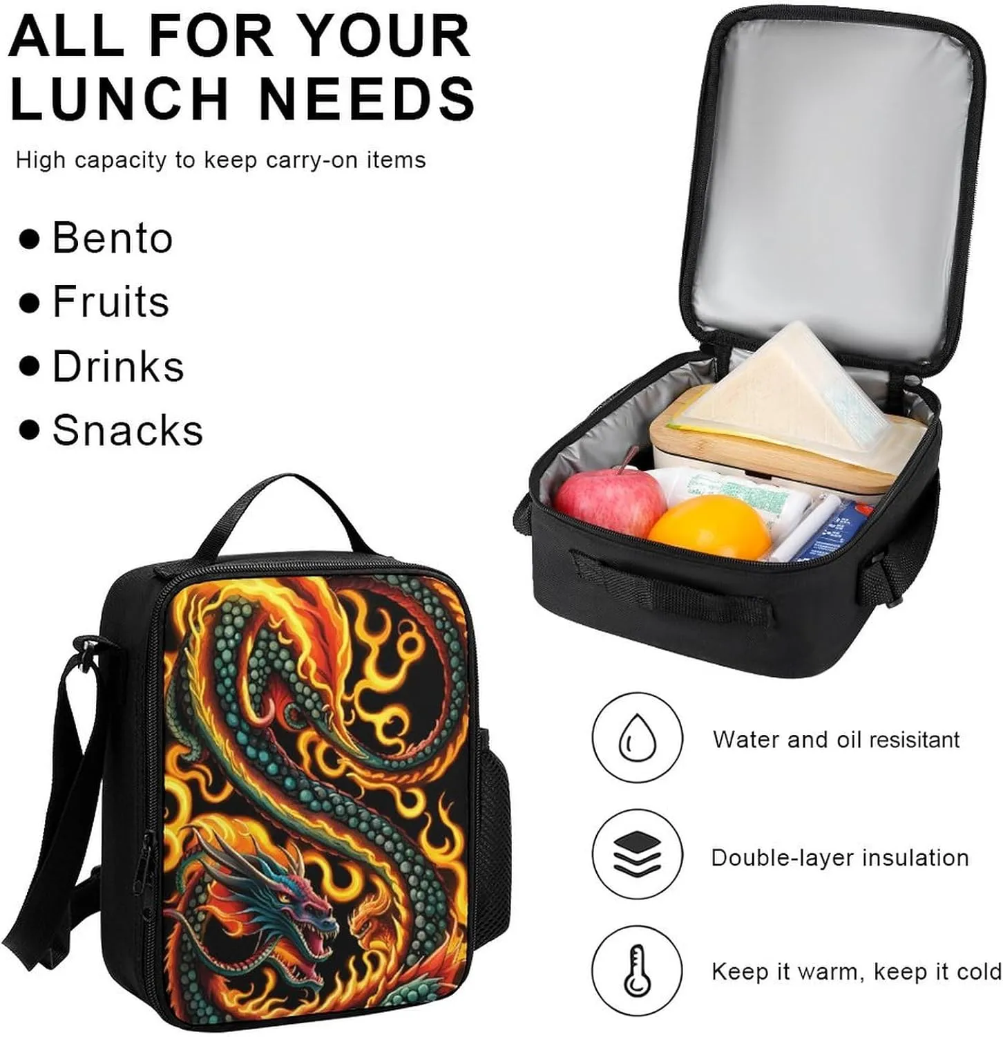 Supdreamc 3 Piece College Daypack, Large Capacity Daypack for Gym Travel Running, Burning Flaming Fire Chinese Dragon Art Travel Hiking Backpack for Adults