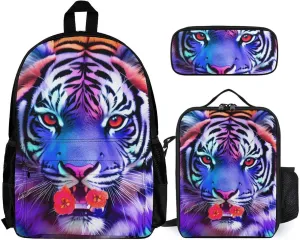 Supdreamc 3 Piece College Daypack, Large Capacity Daypack for Gym Travel Running, King Of The Tiger Flower Art Travel Hiking Backpack for Adults