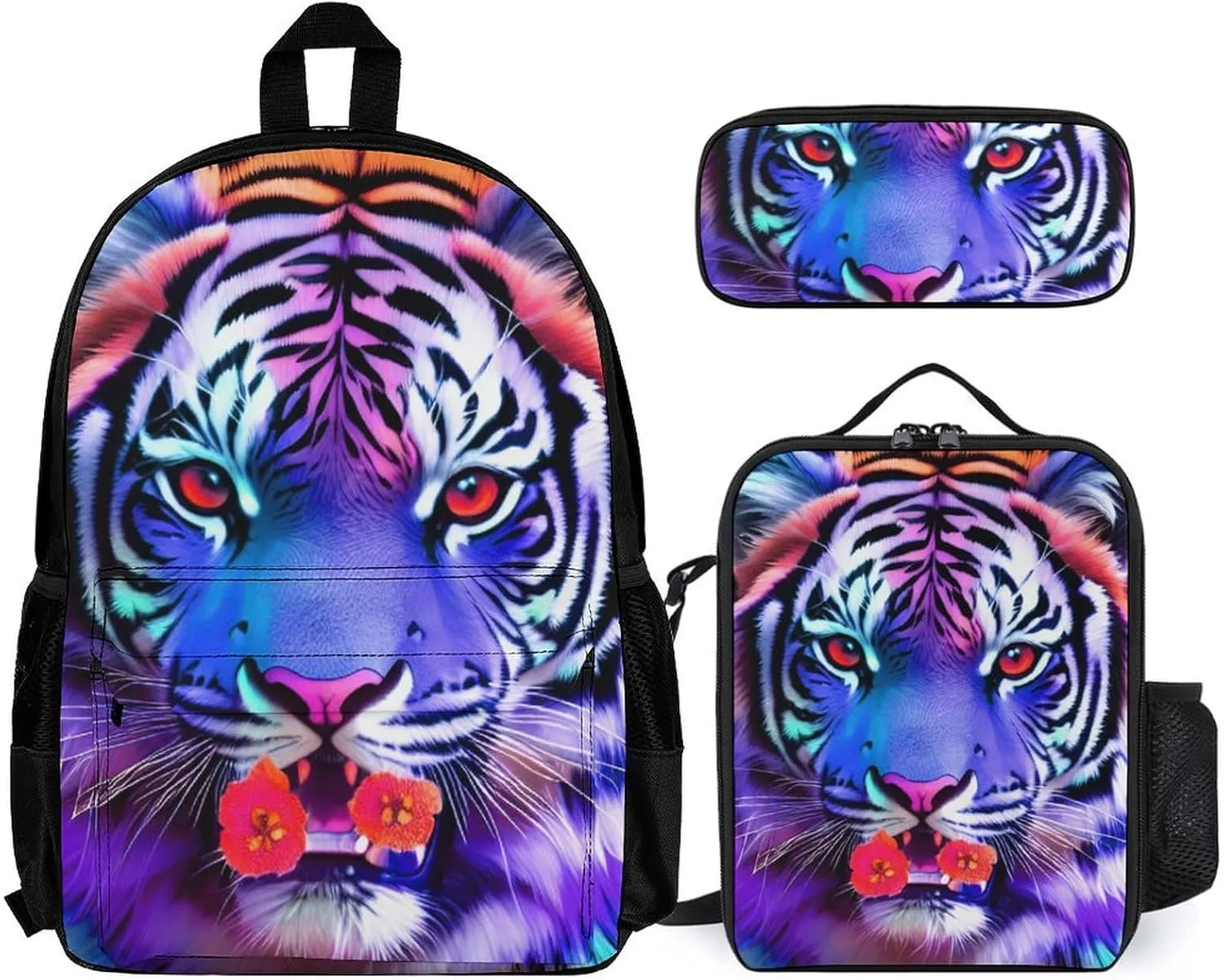 Supdreamc 3 Piece College Daypack, Large Capacity Daypack for Gym Travel Running, King Of The Tiger Flower Art Travel Hiking Backpack for Adults