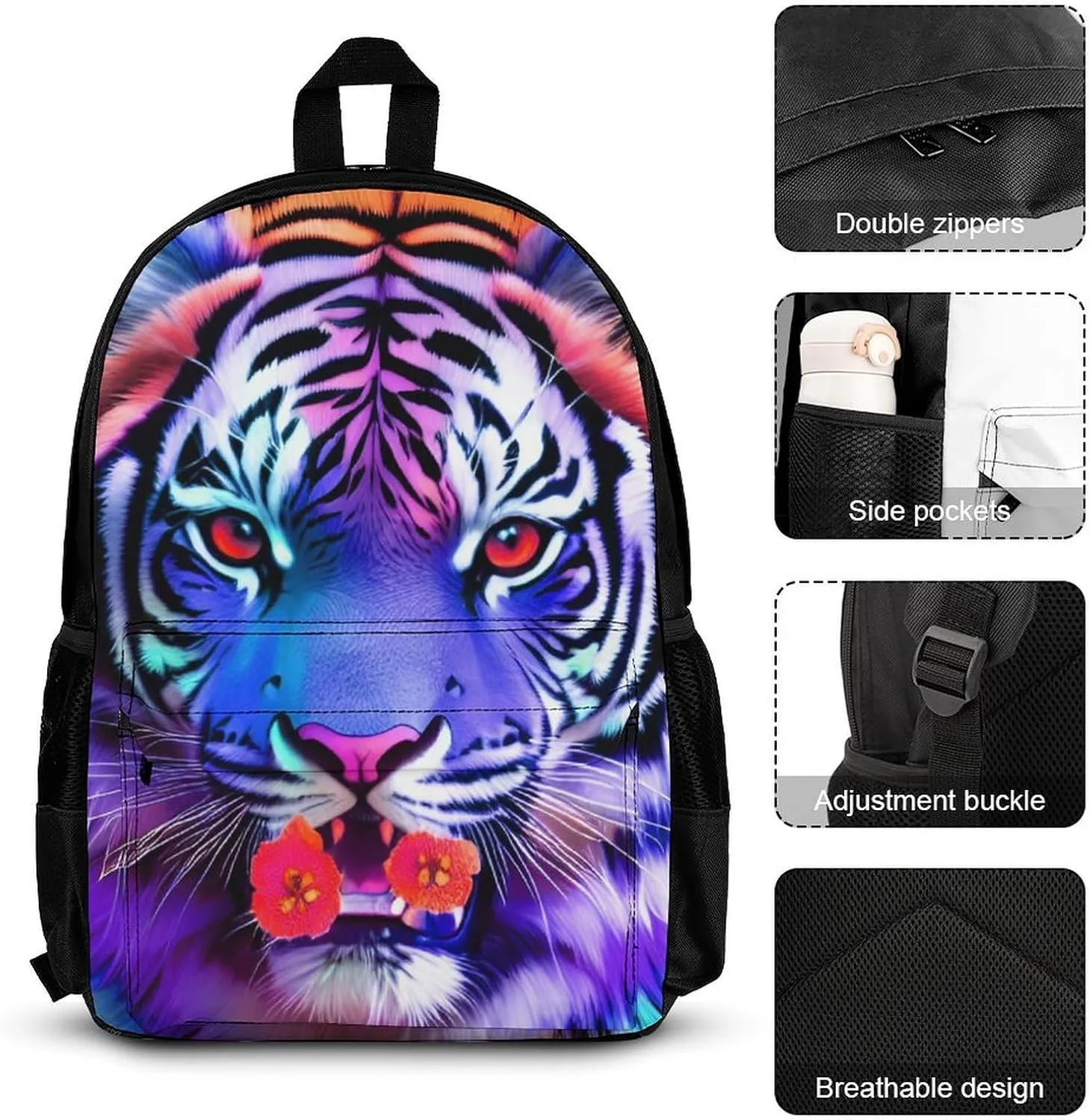 Supdreamc 3 Piece College Daypack, Large Capacity Daypack for Gym Travel Running, King Of The Tiger Flower Art Travel Hiking Backpack for Adults