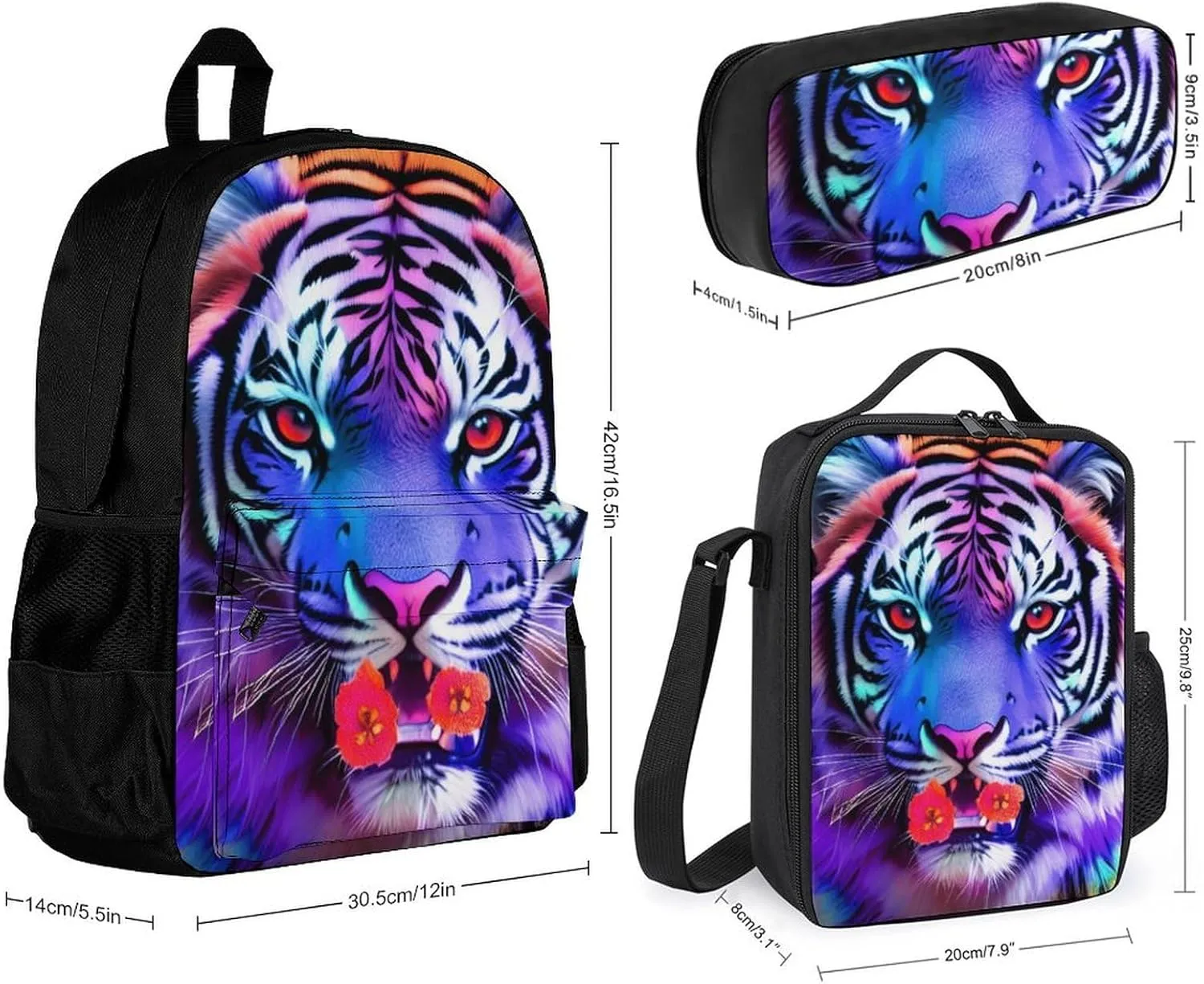 Supdreamc 3 Piece College Daypack, Large Capacity Daypack for Gym Travel Running, King Of The Tiger Flower Art Travel Hiking Backpack for Adults