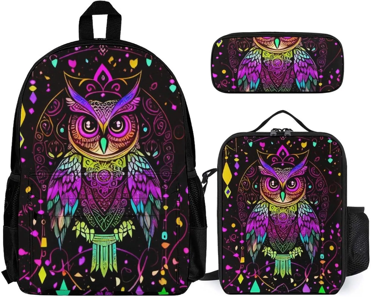 Supdreamc 3 Piece Daypack Cute Abstract Owl Psychedelic Art Travel Hiking Daypack - Big Capacity Business Multipurpose Carry On Bag for Adults
