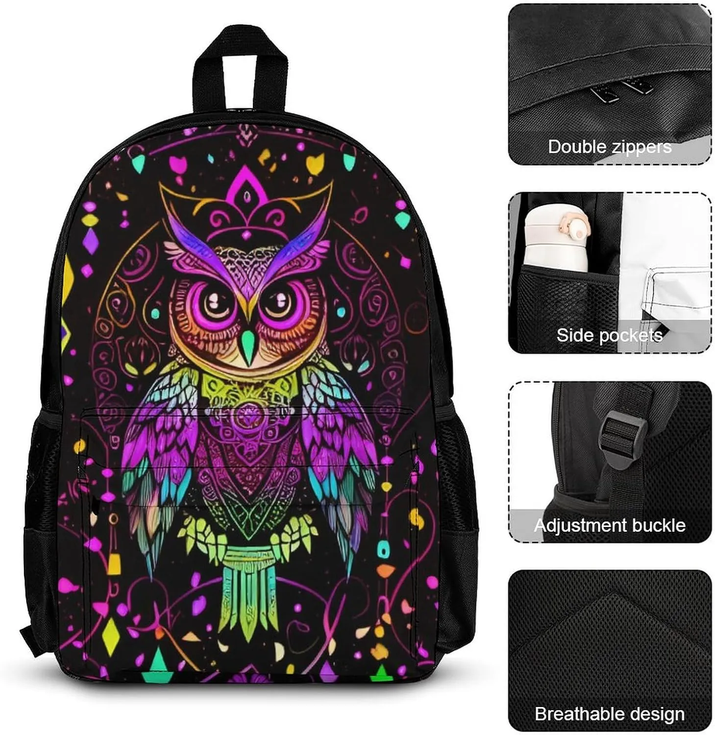 Supdreamc 3 Piece Daypack Cute Abstract Owl Psychedelic Art Travel Hiking Daypack - Big Capacity Business Multipurpose Carry On Bag for Adults