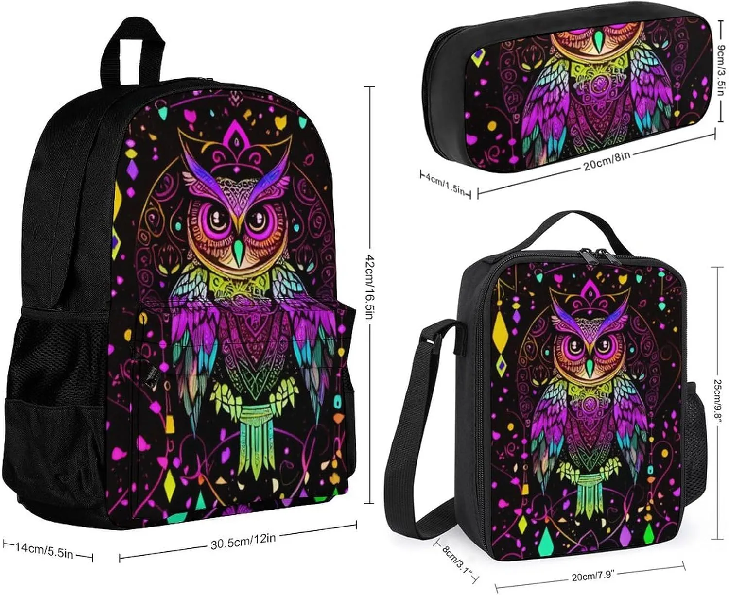 Supdreamc 3 Piece Daypack Cute Abstract Owl Psychedelic Art Travel Hiking Daypack - Big Capacity Business Multipurpose Carry On Bag for Adults