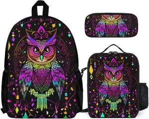 Supdreamc 3 Piece Daypack Cute Abstract Owl Psychedelic Art Travel Hiking Daypack - Big Capacity Business Multipurpose Carry On Bag for Adults