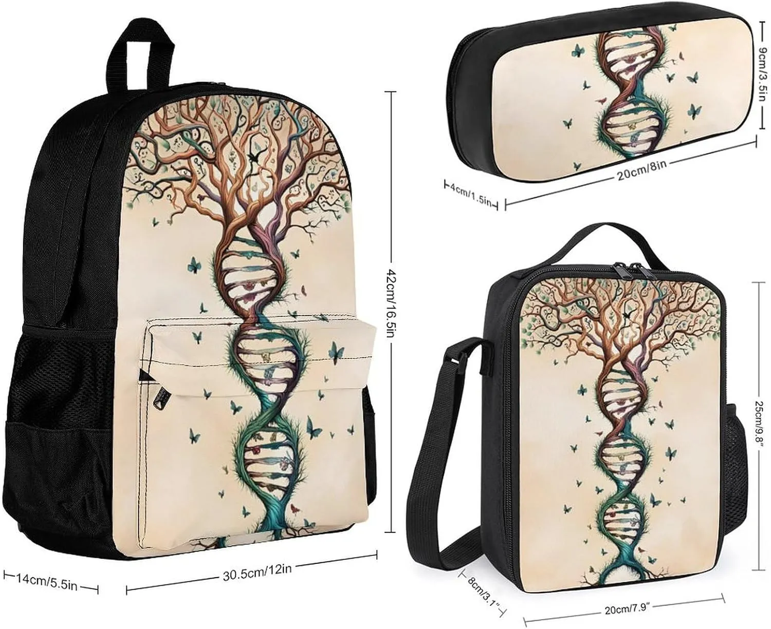 Supdreamc 3 Piece Daypack Dna Tree Of Life Art Travel Hiking Daypack - Business Multipurpose Carry On Bag Lunch Bag Pencil Case for Adults