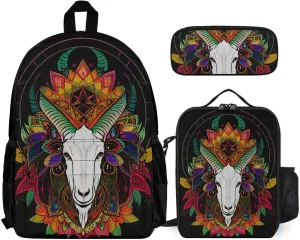 Supdreamc 3 Piece Rucksack Large Capacity Carry On Backpack for Gym Outdoors Bicycle - Psychedelic Goat Skull Art, Travel Hiking Daypack   Lunch Bag   Pencil Bag