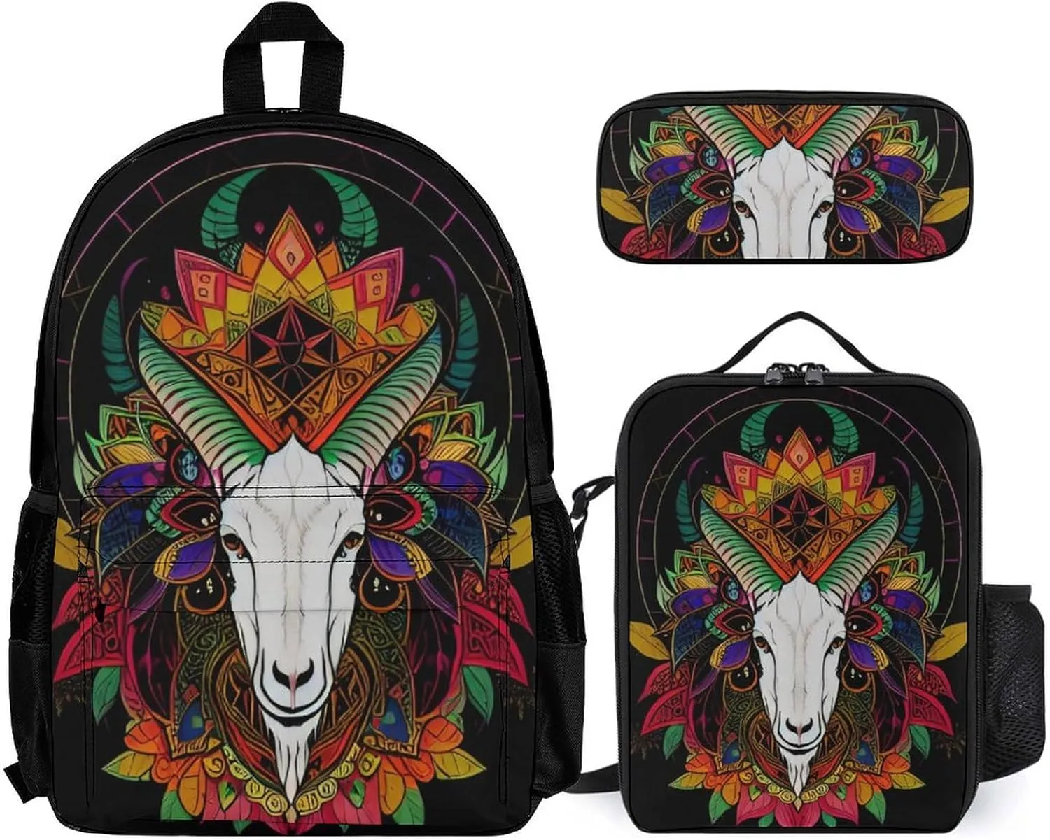 Supdreamc 3 Piece Rucksack Large Capacity Carry On Backpack for Gym Outdoors Bicycle - Psychedelic Goat Skull Art, Travel Hiking Daypack   Lunch Bag   Pencil Bag