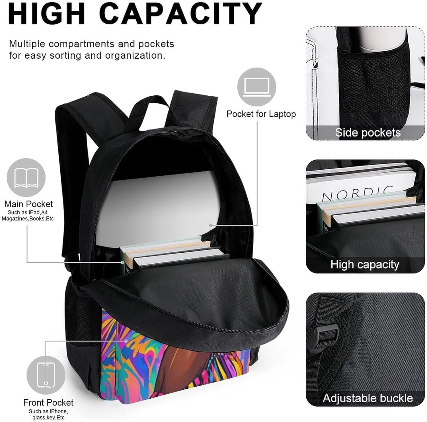 Supdreamc 3 Piece Rucksack Large Capacity Shoulder Bag Backpack for Gym Work Bicycle - Chic Cartoon Woman African American Black Woman Art, for Adult, Travel Hiking Backpack