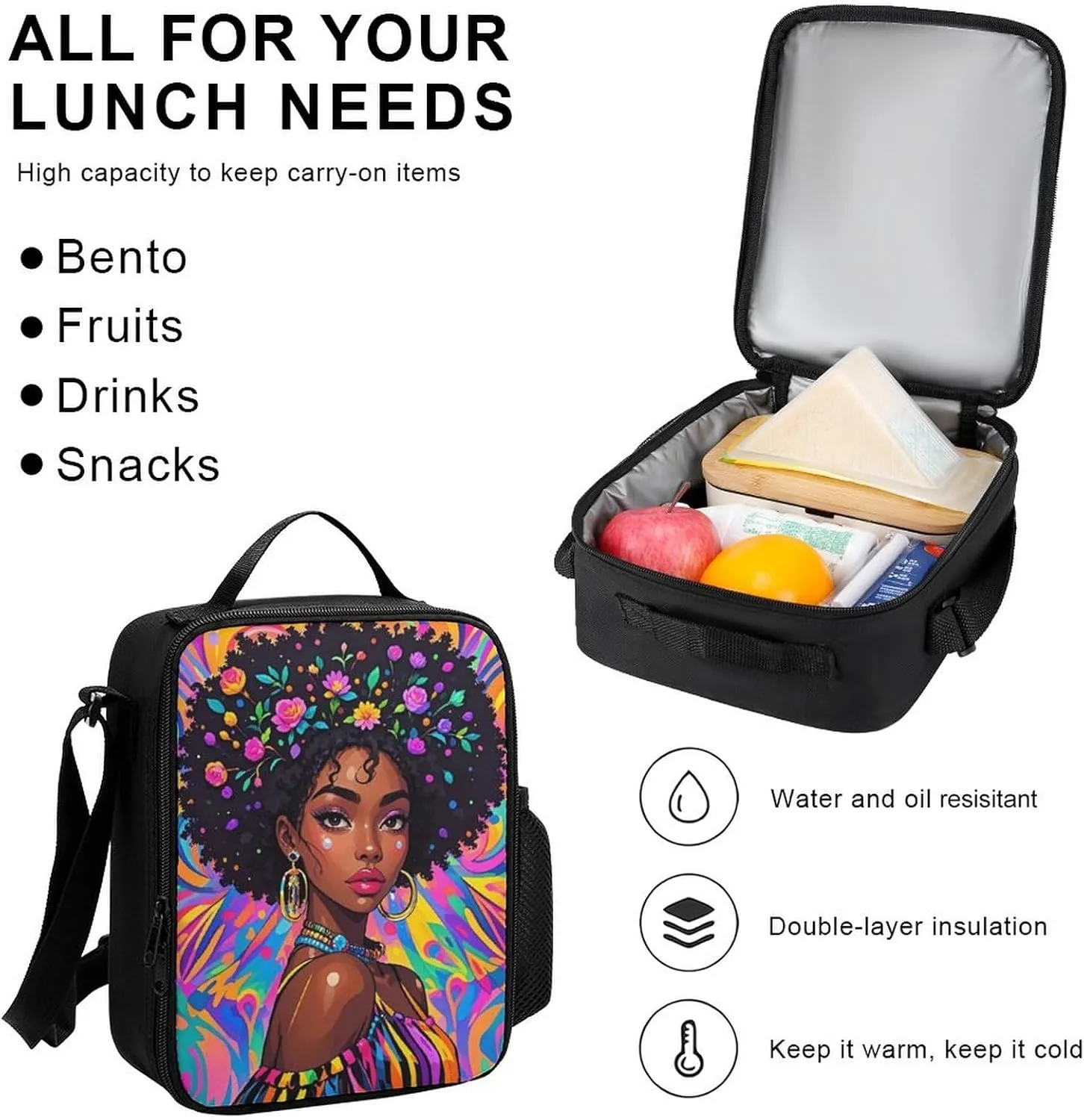 Supdreamc 3 Piece Rucksack Large Capacity Shoulder Bag Backpack for Gym Work Bicycle - Chic Cartoon Woman African American Black Woman Art, for Adult, Travel Hiking Backpack