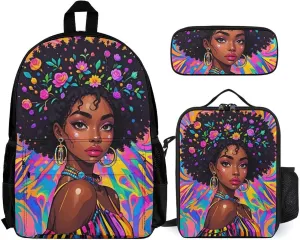 Supdreamc 3 Piece Rucksack Large Capacity Shoulder Bag Backpack for Gym Work Bicycle - Chic Cartoon Woman African American Black Woman Art, for Adult, Travel Hiking Backpack