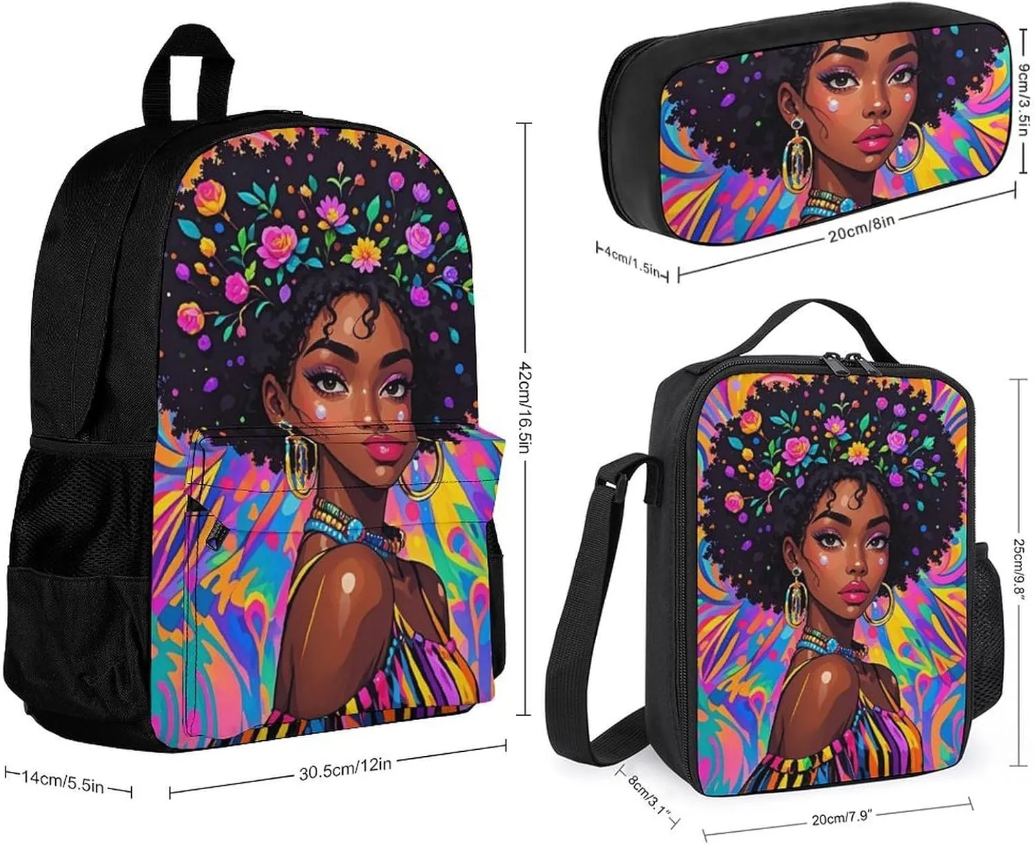 Supdreamc 3 Piece Rucksack Large Capacity Shoulder Bag Backpack for Gym Work Bicycle - Chic Cartoon Woman African American Black Woman Art, for Adult, Travel Hiking Backpack