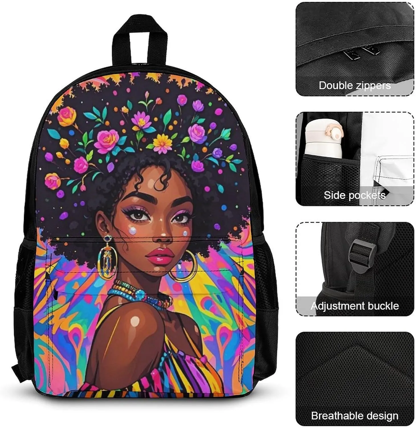 Supdreamc 3 Piece Rucksack Large Capacity Shoulder Bag Backpack for Gym Work Bicycle - Chic Cartoon Woman African American Black Woman Art, for Adult, Travel Hiking Backpack