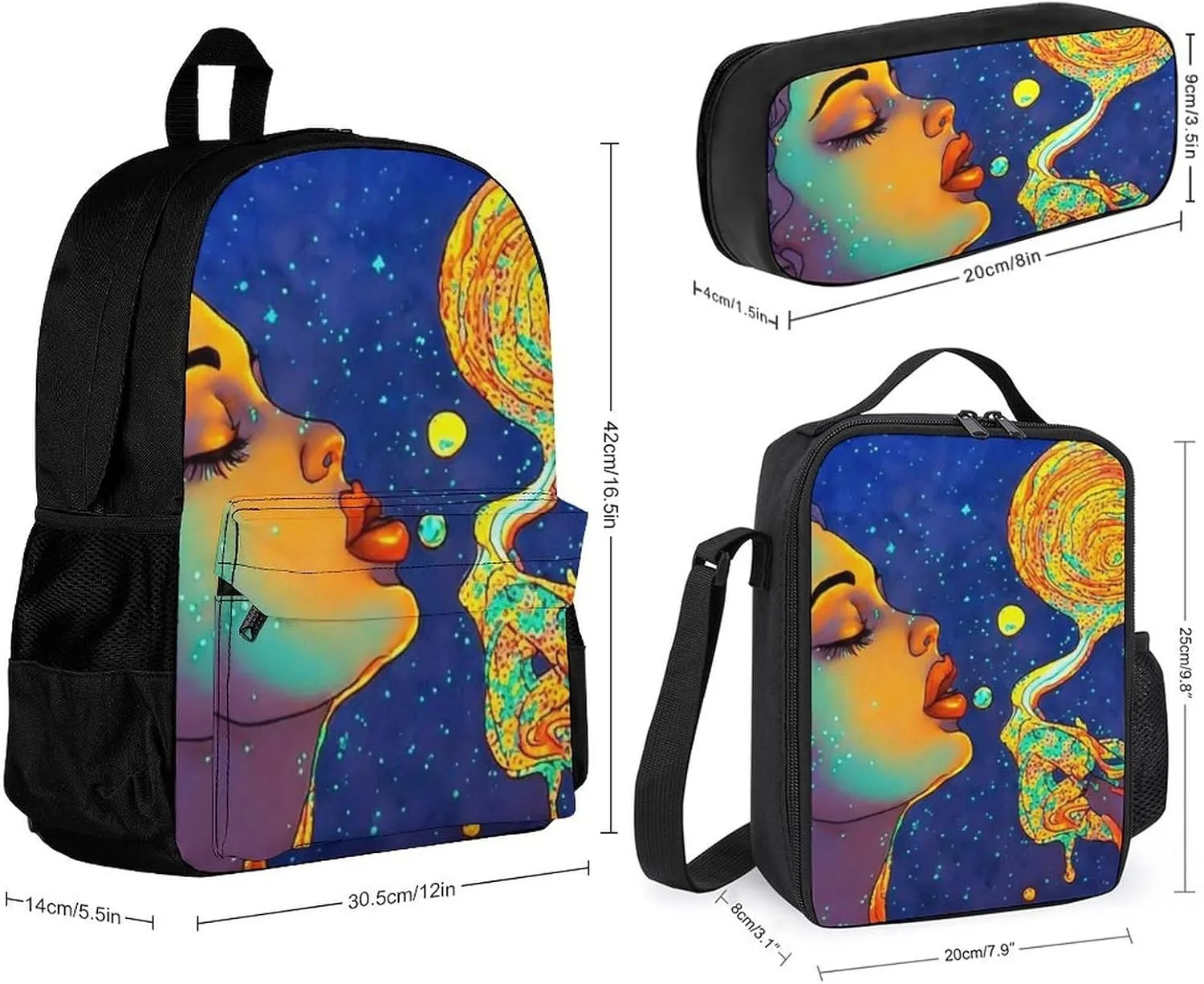 Supdreamc Adults Backpack Sets - Psychedelic Woman Moon Goddess Art Shoulder Bag Daypack Backpack Travel Hiking Bag & Day Pack, 3 Piece Daypack Climbing Shoulder Bag