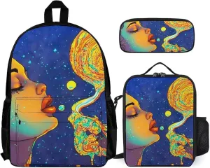 Supdreamc Adults Backpack Sets - Psychedelic Woman Moon Goddess Art Shoulder Bag Daypack Backpack Travel Hiking Bag & Day Pack, 3 Piece Daypack Climbing Shoulder Bag