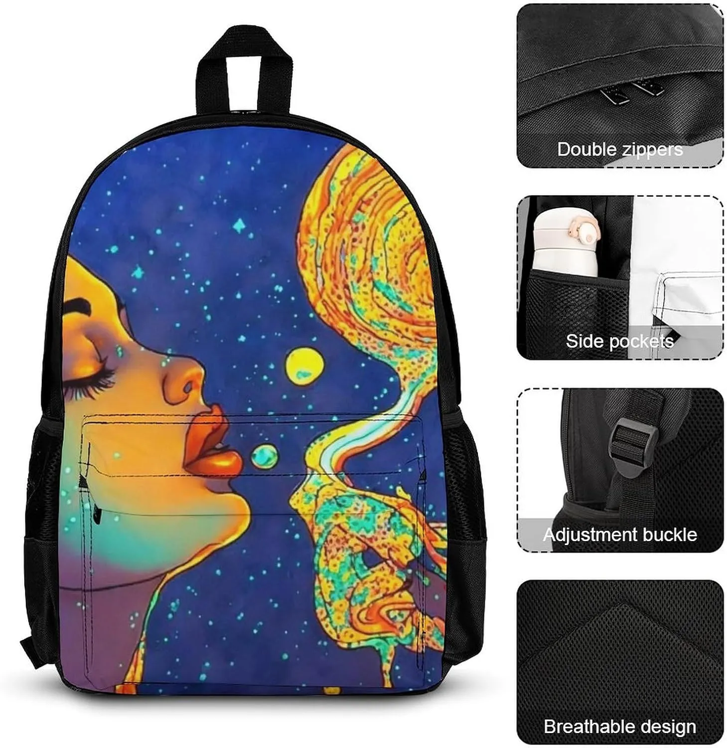 Supdreamc Adults Backpack Sets - Psychedelic Woman Moon Goddess Art Shoulder Bag Daypack Backpack Travel Hiking Bag & Day Pack, 3 Piece Daypack Climbing Shoulder Bag