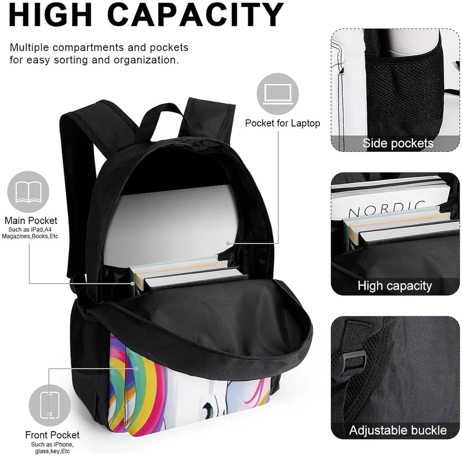 Supdreamc Adults Daypack Sets - Colorful Rainbow Horse Art Bookbag College Bookbag Travel Hiking Bag & Day Pack   Lunch Bag   Pencil Case, Backpack Daypack