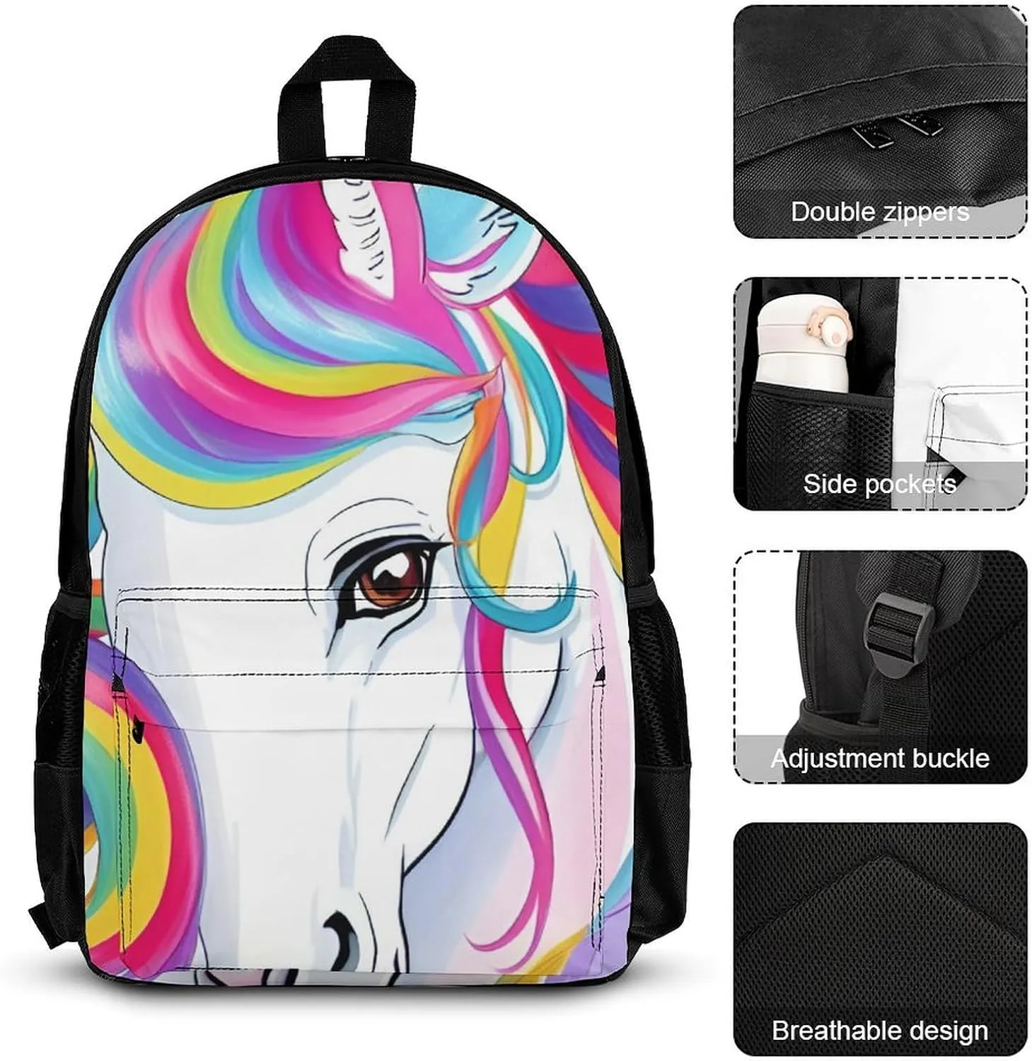 Supdreamc Adults Daypack Sets - Colorful Rainbow Horse Art Bookbag College Bookbag Travel Hiking Bag & Day Pack   Lunch Bag   Pencil Case, Backpack Daypack