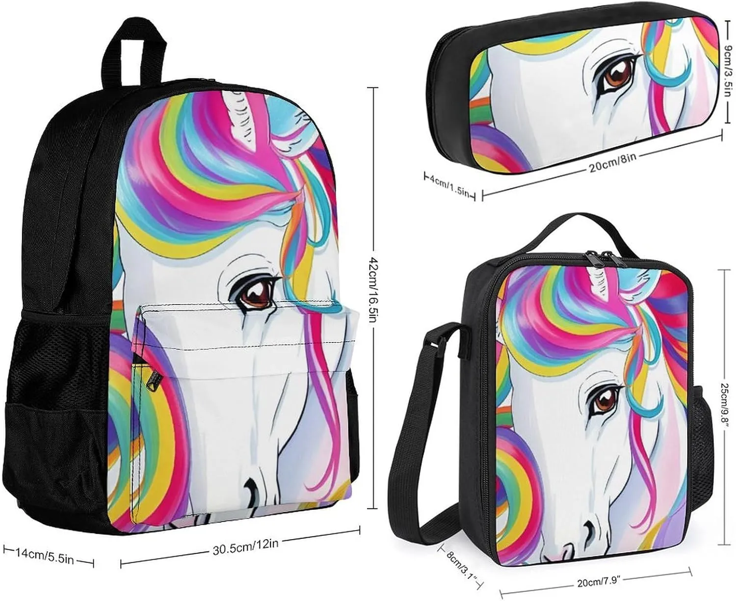 Supdreamc Adults Daypack Sets - Colorful Rainbow Horse Art Bookbag College Bookbag Travel Hiking Bag & Day Pack   Lunch Bag   Pencil Case, Backpack Daypack