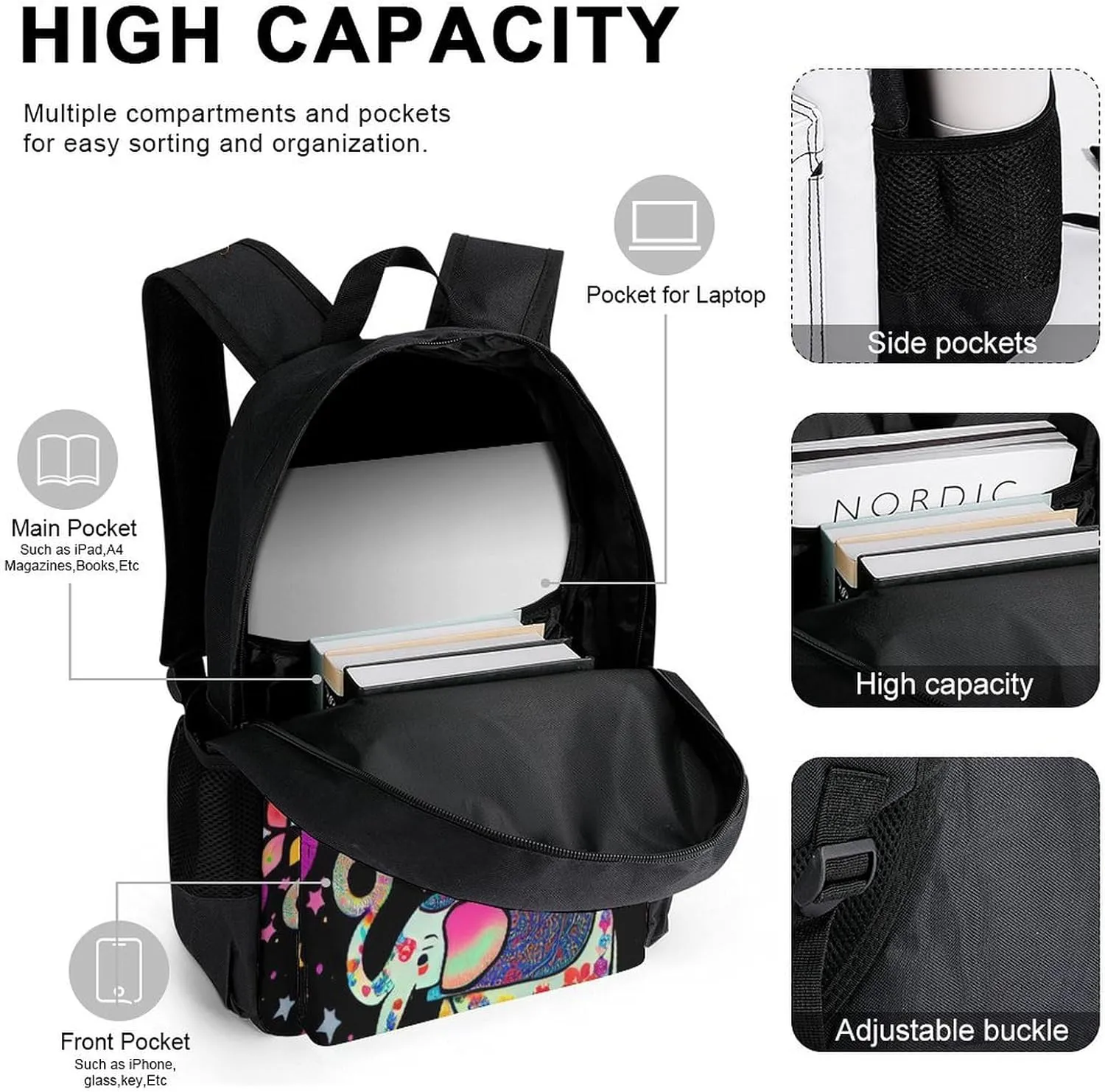 Supdreamc Adults Daypack Sets - Elephant Tree Lucky Art Bookbag 3 Piece College Daypack Traveling & Camping Backpack, 3 Piece Climbing Shoulder Bag