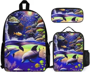 Supdreamc Adults Rucksacks Sets - Magical Underwater World Of Dolphins And Fish Art Bookbag Daypack Backpack   Lunch Bag   Pencil Case Travel Daypack, Gym Outdoor Hiking Bag Computer Bag