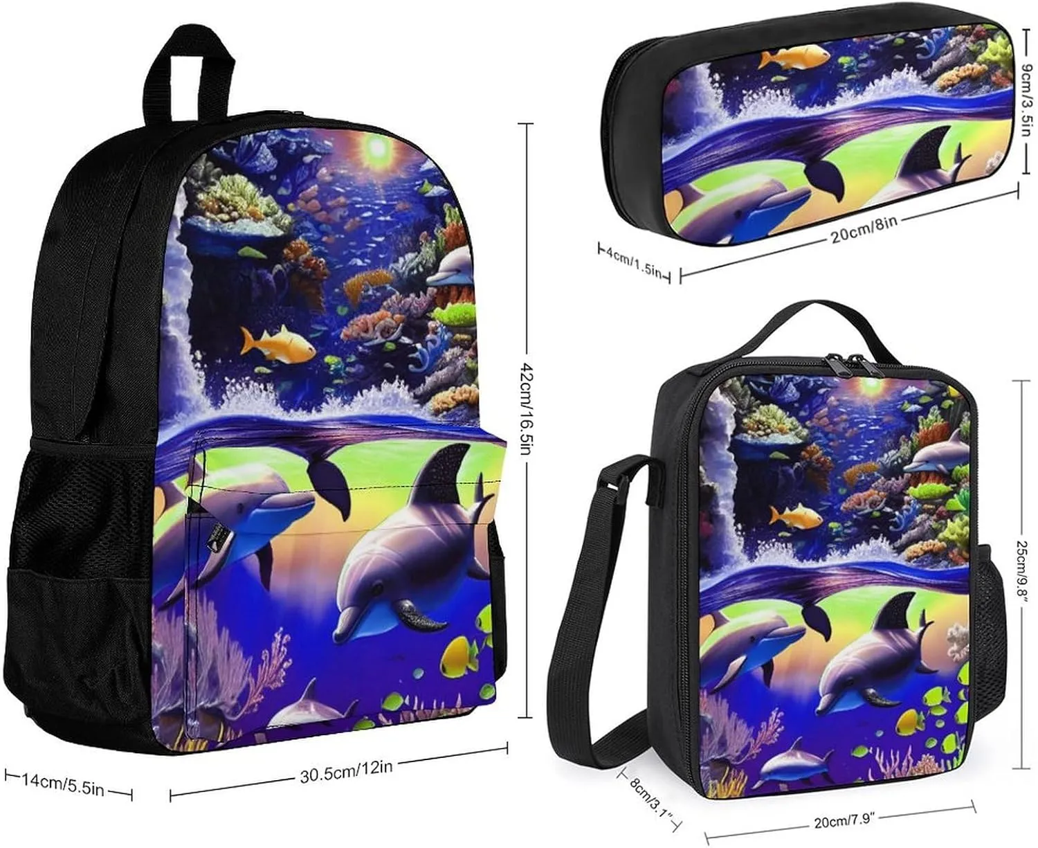 Supdreamc Adults Rucksacks Sets - Magical Underwater World Of Dolphins And Fish Art Bookbag Daypack Backpack   Lunch Bag   Pencil Case Travel Daypack, Gym Outdoor Hiking Bag Computer Bag