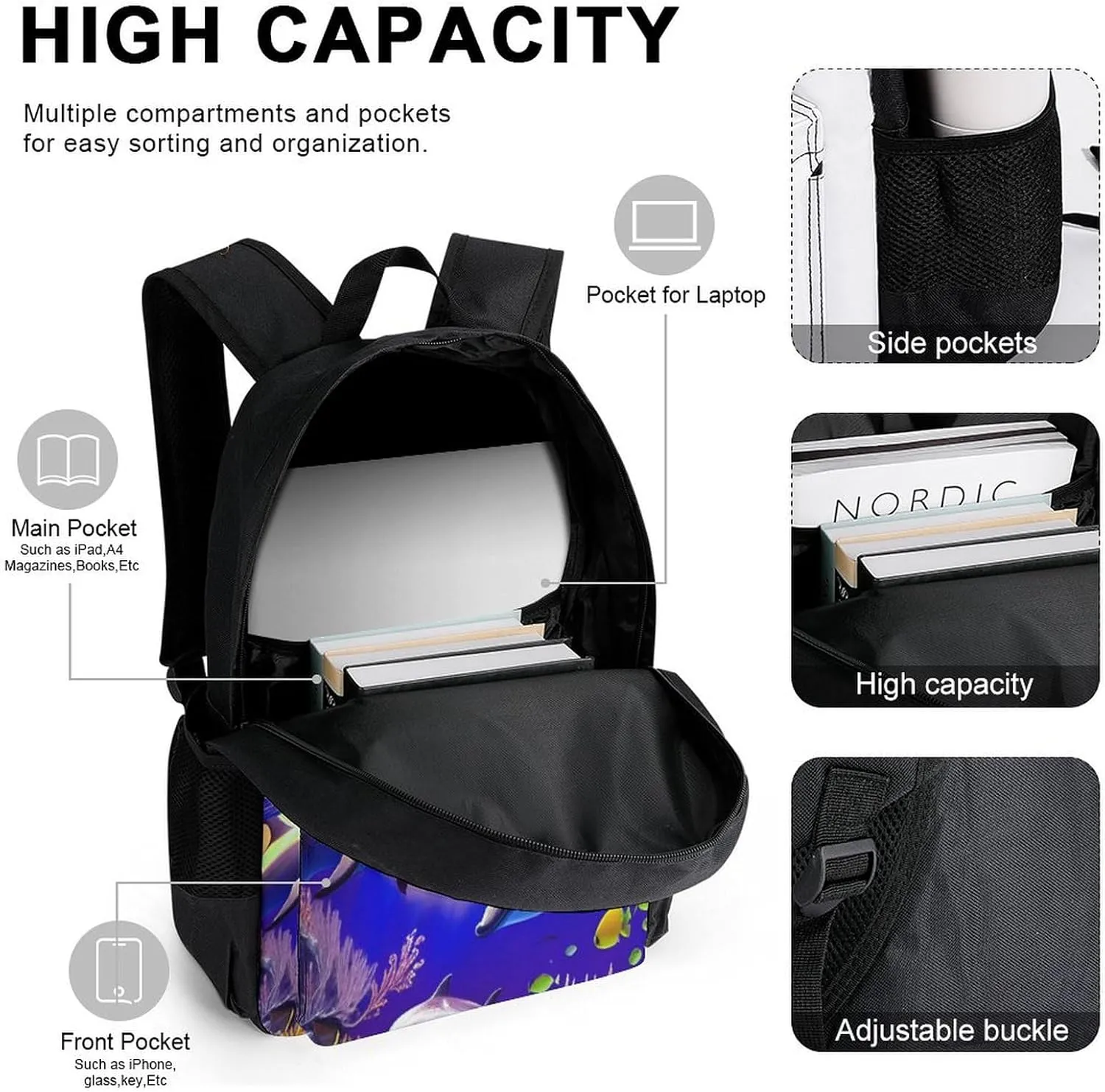 Supdreamc Adults Rucksacks Sets - Magical Underwater World Of Dolphins And Fish Art Bookbag Daypack Backpack   Lunch Bag   Pencil Case Travel Daypack, Gym Outdoor Hiking Bag Computer Bag