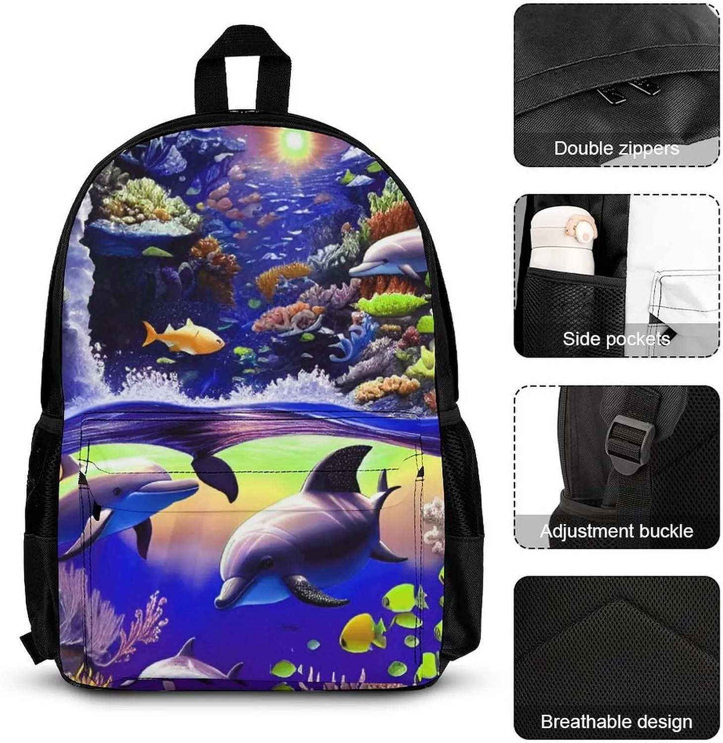 Supdreamc Adults Rucksacks Sets - Magical Underwater World Of Dolphins And Fish Art Bookbag Daypack Backpack   Lunch Bag   Pencil Case Travel Daypack, Gym Outdoor Hiking Bag Computer Bag