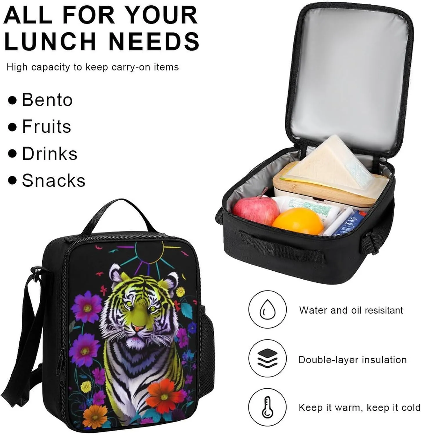 Supdreamc Backpack Sets Daypack Carry On Bag Backpack   Lunch Bag   Pencil Case for Gym Work Bicycle - Trippy Tiger Animal Flower Art, Adult, Travel Hiking Backpack