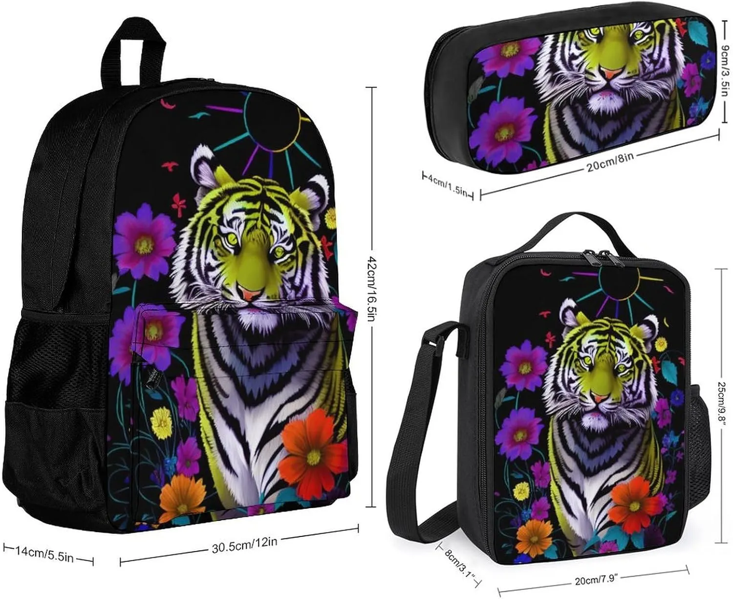 Supdreamc Backpack Sets Daypack Carry On Bag Backpack   Lunch Bag   Pencil Case for Gym Work Bicycle - Trippy Tiger Animal Flower Art, Adult, Travel Hiking Backpack