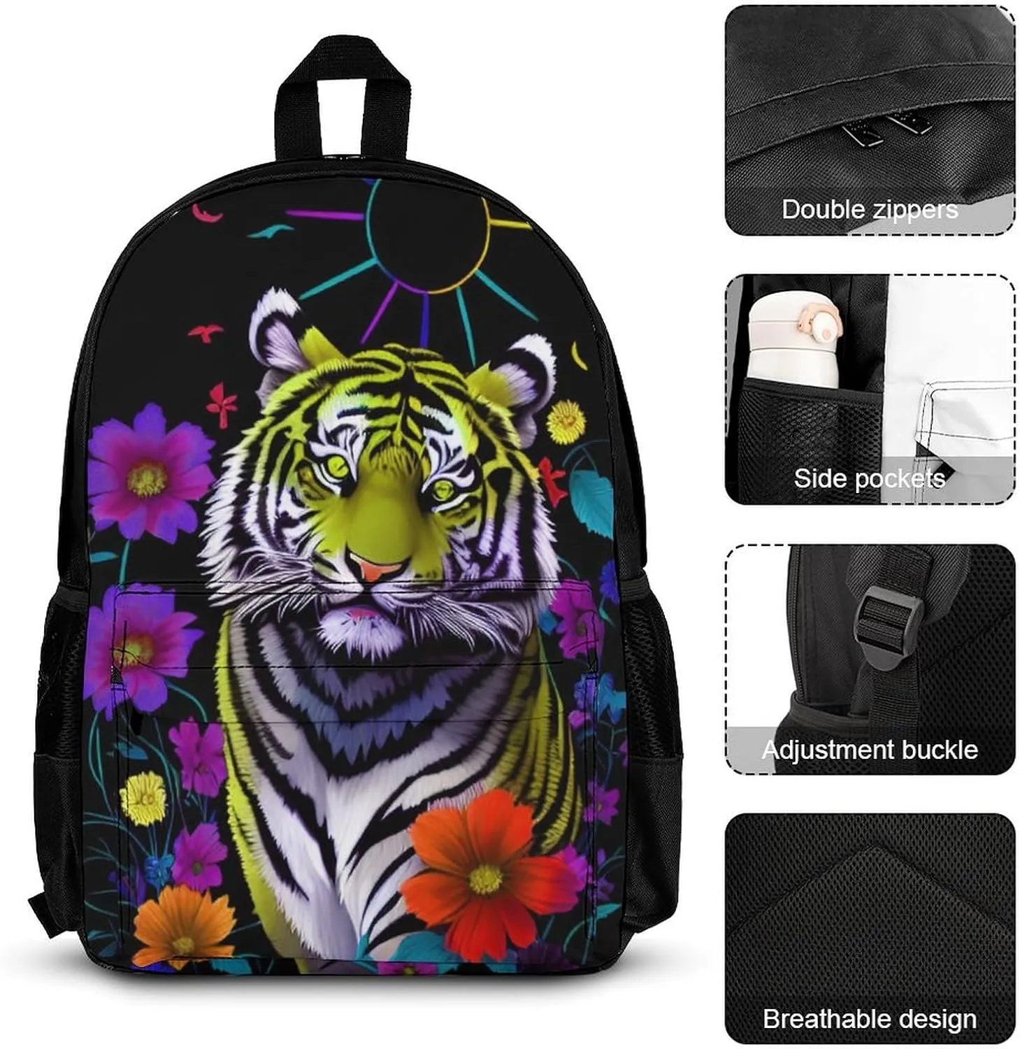 Supdreamc Backpack Sets Daypack Carry On Bag Backpack   Lunch Bag   Pencil Case for Gym Work Bicycle - Trippy Tiger Animal Flower Art, Adult, Travel Hiking Backpack
