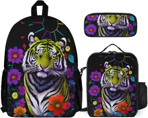 Supdreamc Backpack Sets Daypack Carry On Bag Backpack   Lunch Bag   Pencil Case for Gym Work Bicycle - Trippy Tiger Animal Flower Art, Adult, Travel Hiking Backpack