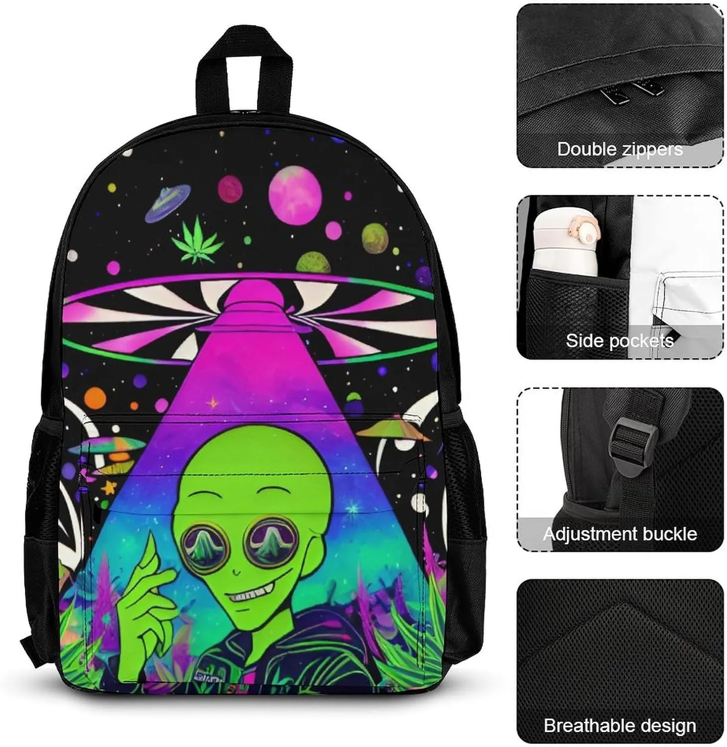 Supdreamc Daypack Backpack Sets, Backpack   Lunch Bag   Pencil Case for Gym Picnic Bicycle, Psychedelic Space Alien Marijuanaweed Art Traveling & Camping Backpack, One Size