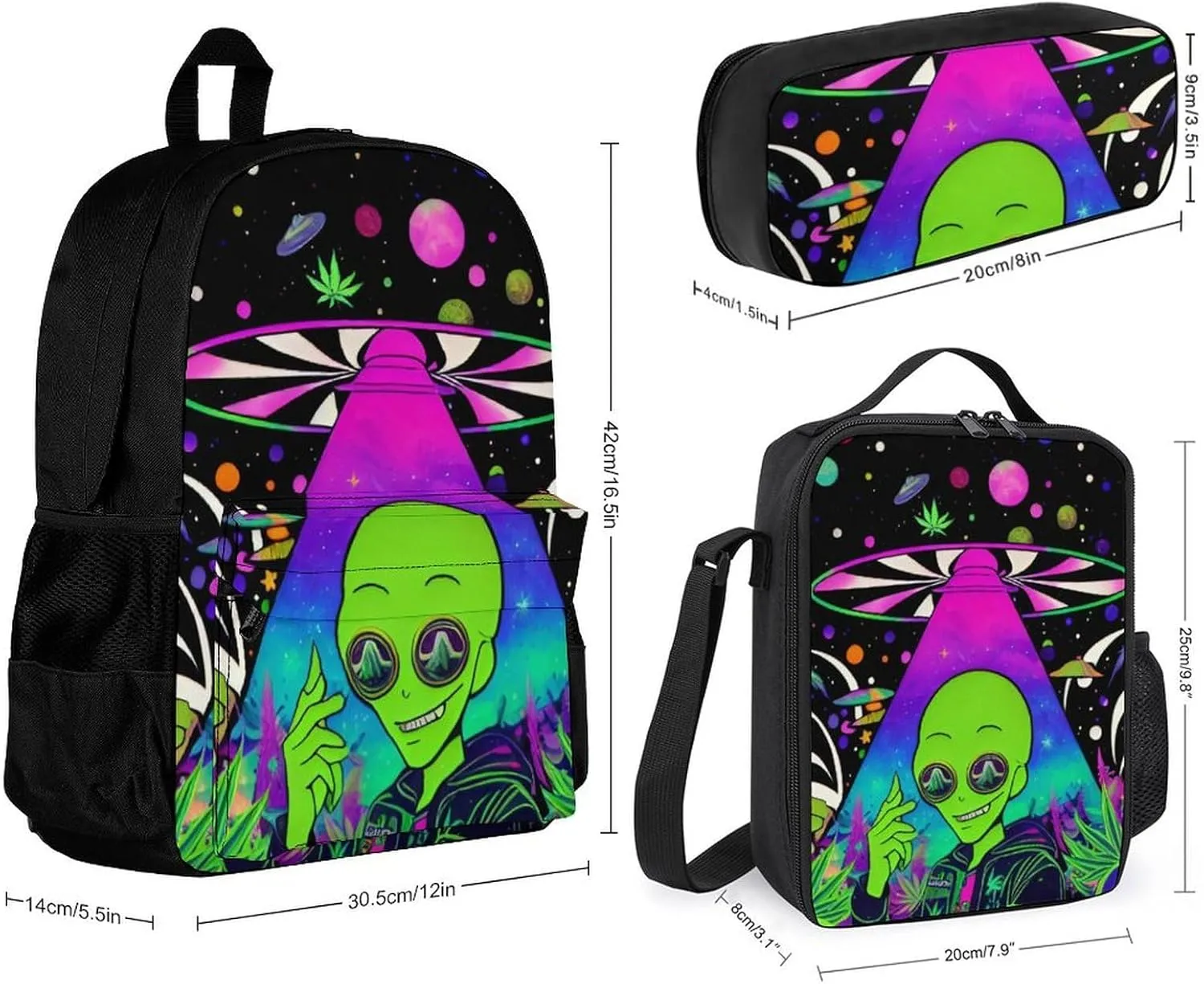 Supdreamc Daypack Backpack Sets, Backpack   Lunch Bag   Pencil Case for Gym Picnic Bicycle, Psychedelic Space Alien Marijuanaweed Art Traveling & Camping Backpack, One Size