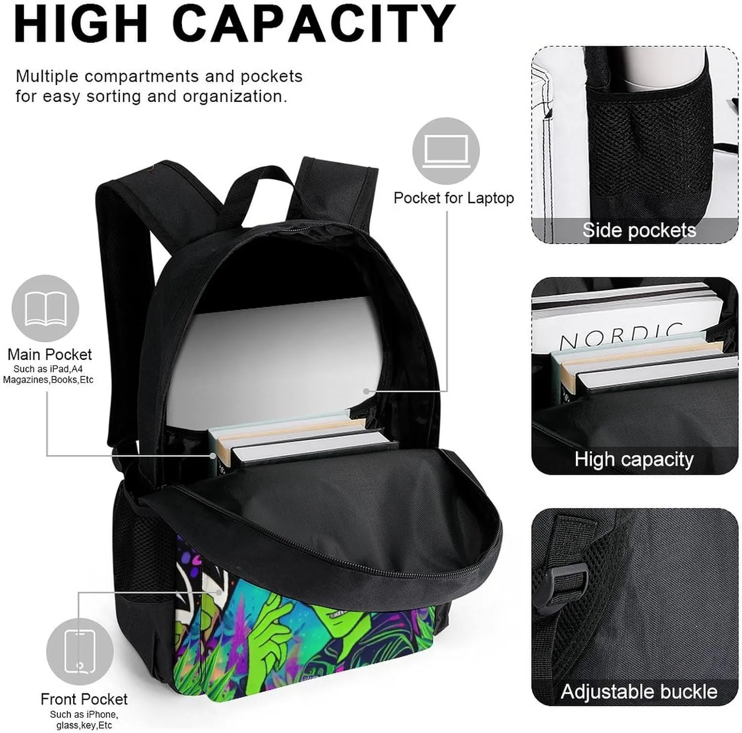 Supdreamc Daypack Backpack Sets, Backpack   Lunch Bag   Pencil Case for Gym Picnic Bicycle, Psychedelic Space Alien Marijuanaweed Art Traveling & Camping Backpack, One Size