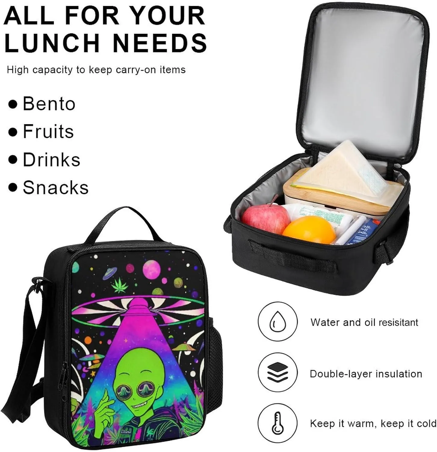 Supdreamc Daypack Backpack Sets, Backpack   Lunch Bag   Pencil Case for Gym Picnic Bicycle, Psychedelic Space Alien Marijuanaweed Art Traveling & Camping Backpack, One Size