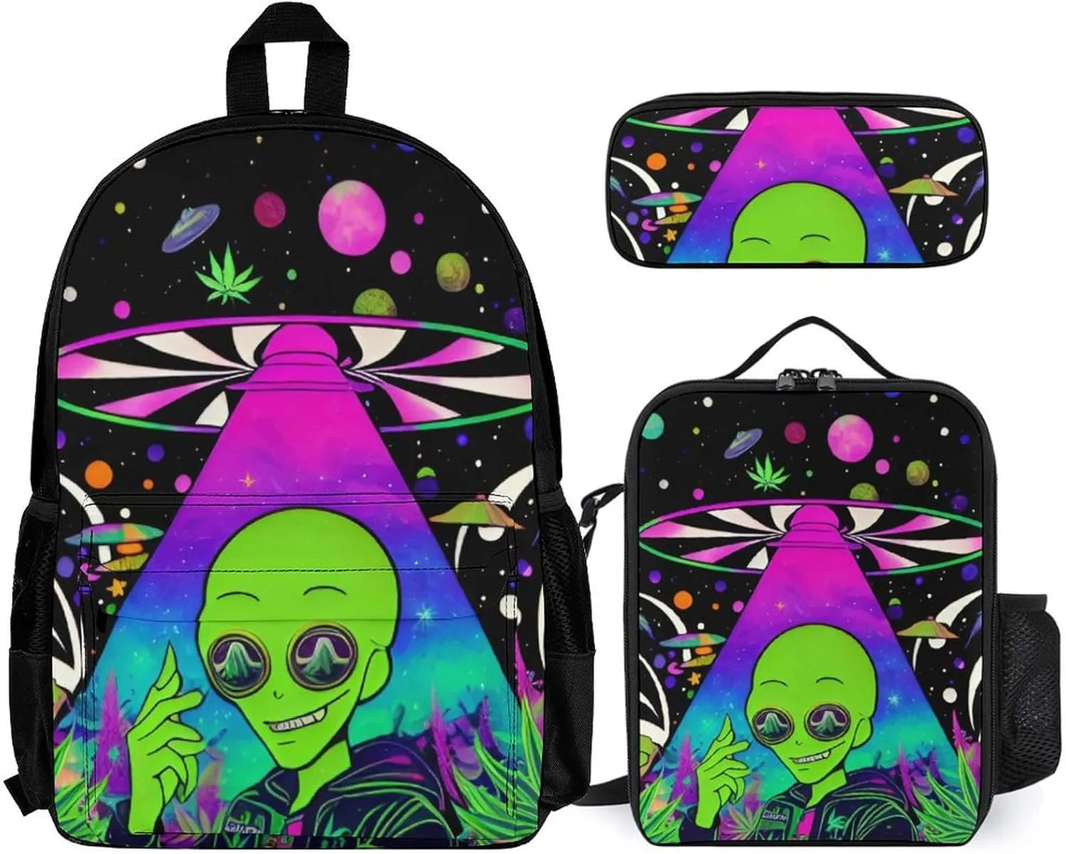 Supdreamc Daypack Backpack Sets, Backpack   Lunch Bag   Pencil Case for Gym Picnic Bicycle, Psychedelic Space Alien Marijuanaweed Art Traveling & Camping Backpack, One Size
