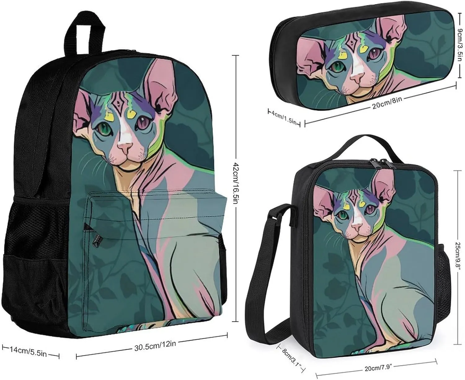 Supdreamc Travel Hiking Bag & Day Pack 3 Piece Daypack Climbing Shoulder Bag Large Capacity Backpack Hairless Sphynx Cats Teal Green Art College Bookbag for Adults