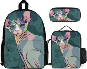 Supdreamc Travel Hiking Bag & Day Pack 3 Piece Daypack Climbing Shoulder Bag Large Capacity Backpack Hairless Sphynx Cats Teal Green Art College Bookbag for Adults