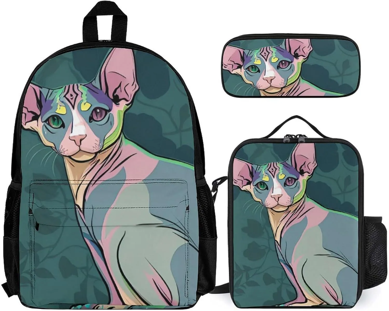 Supdreamc Travel Hiking Bag & Day Pack 3 Piece Daypack Climbing Shoulder Bag Large Capacity Backpack Hairless Sphynx Cats Teal Green Art College Bookbag for Adults